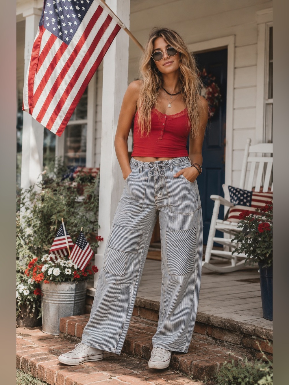 easel Blue and White Striped Wide-Leg Jeans